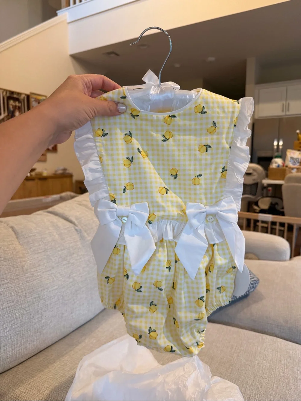 Yellow Lemon Gingham Baby Romper with White Ruffle Bows